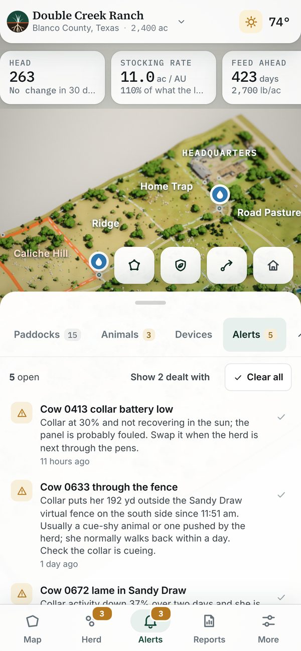 Phone screen: collar alerts listing the animals to check first